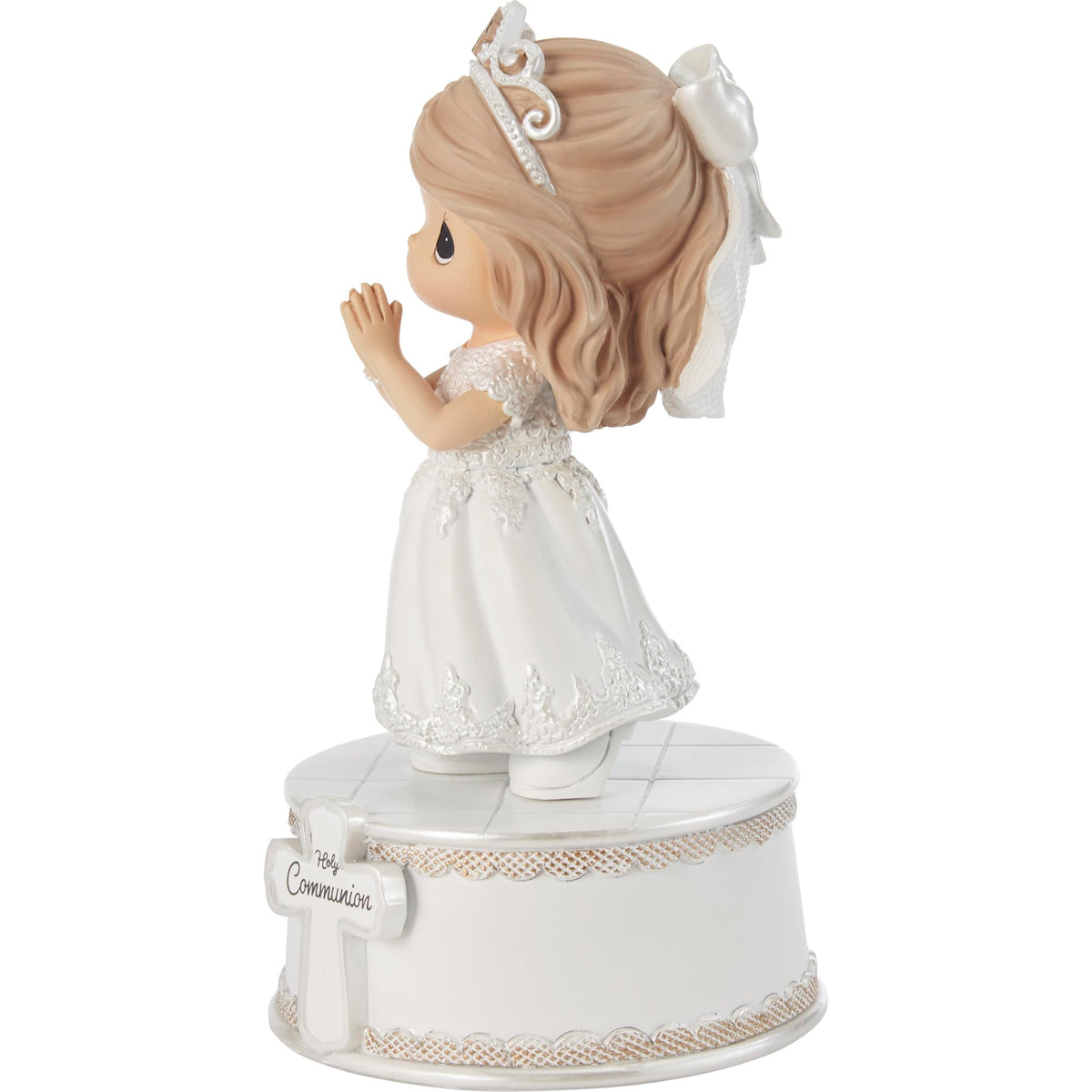 Precious Moments figurine features shimmering lace-like accents, enhancing display appeal.