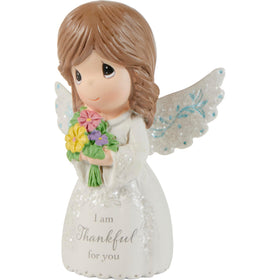 Precious Moments mini resin angel in white dress, desk decor for gratitude.