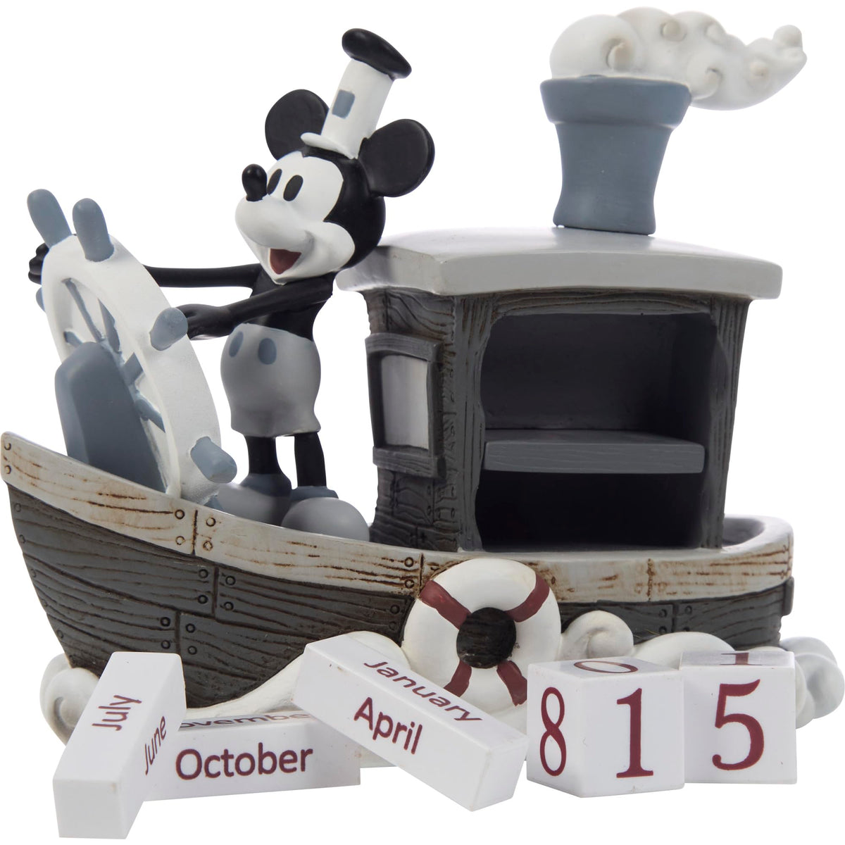 Precious Moments Steamboat Willie perpetual calendar figurine showing hand-painted details.
