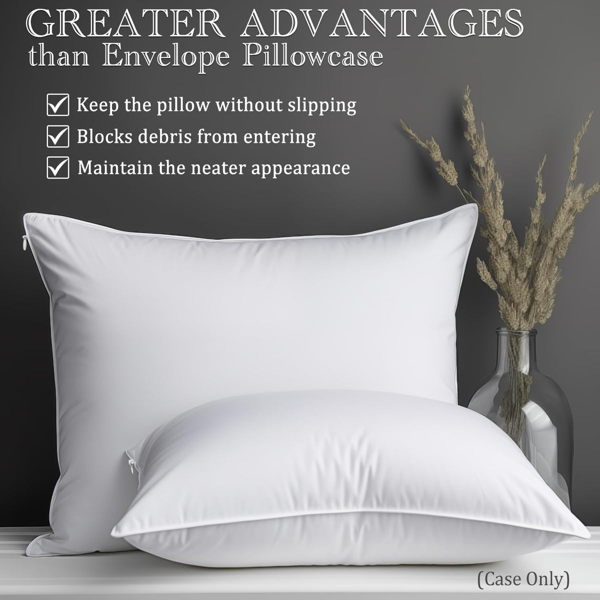 Precoco zippered closure pillow case demonstrates secure fit overnight.