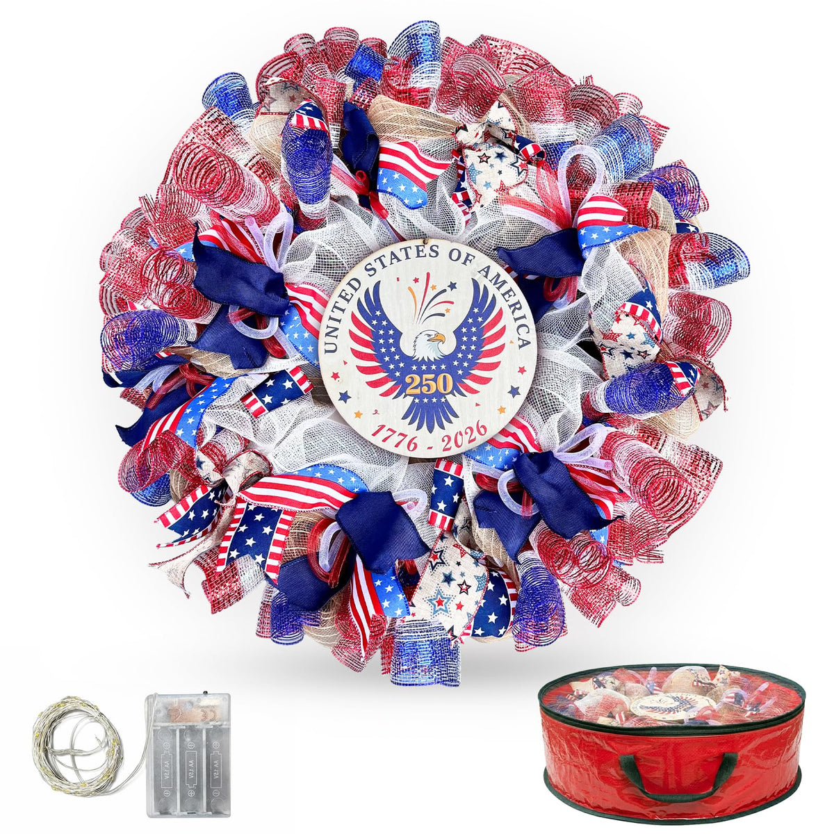 Presentastic 250th Anniversary Wreath on front door enhances curb appeal with festive Americana charm.