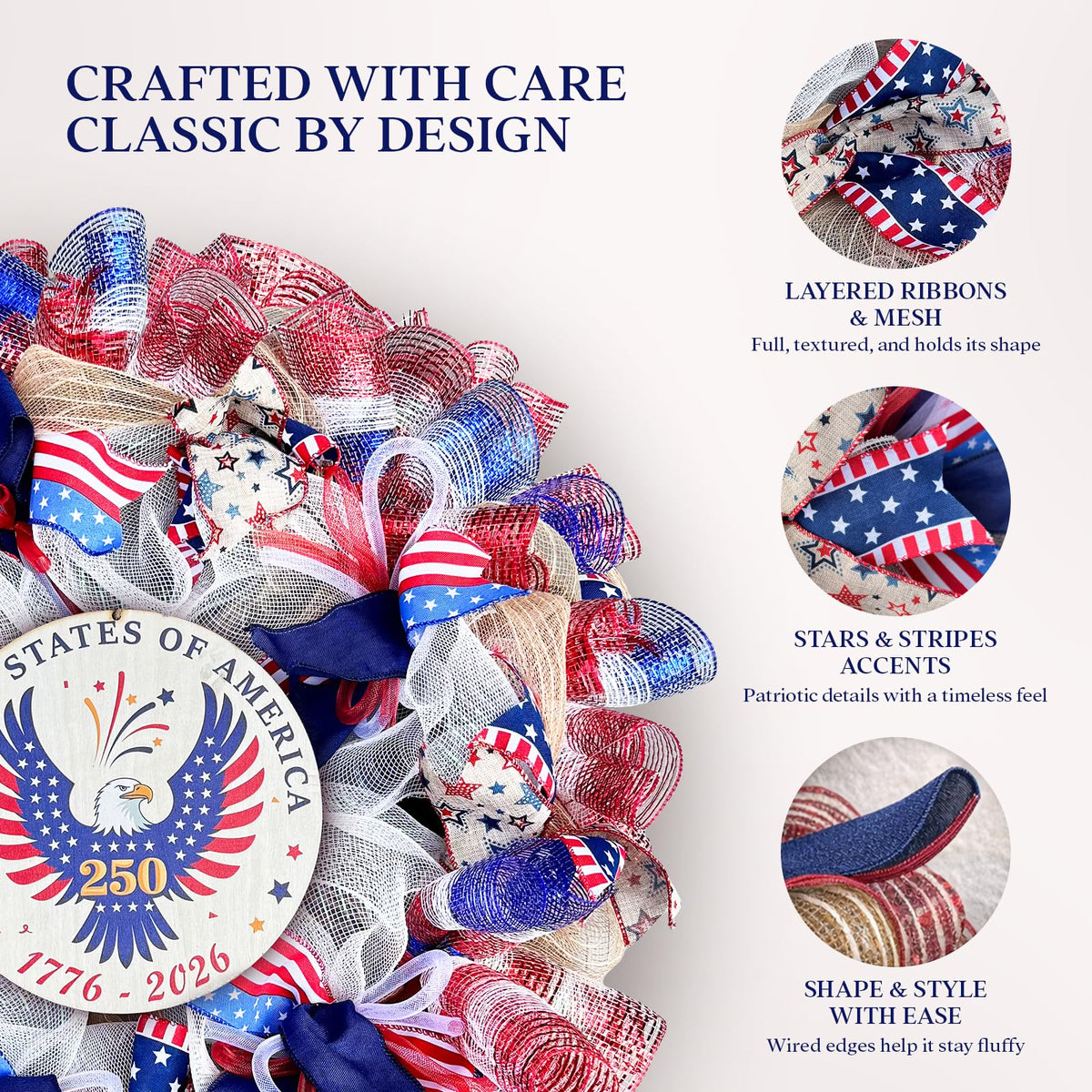 Presentastic handcrafted patriotic wreath detail adds texture and depth to any entryway.