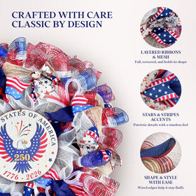 Presentastic handcrafted patriotic wreath detail adds texture and depth to any entryway.