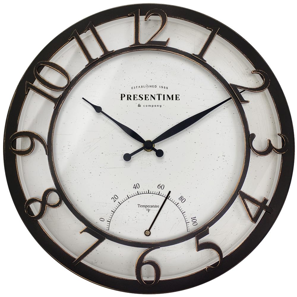 Presentime 13-inch farmhouse outdoor clock with thermometer for quick weather checks on the patio.