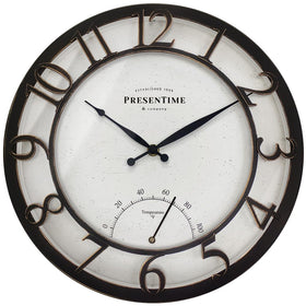 Presentime 13-inch farmhouse outdoor clock with thermometer for quick weather checks on the patio.