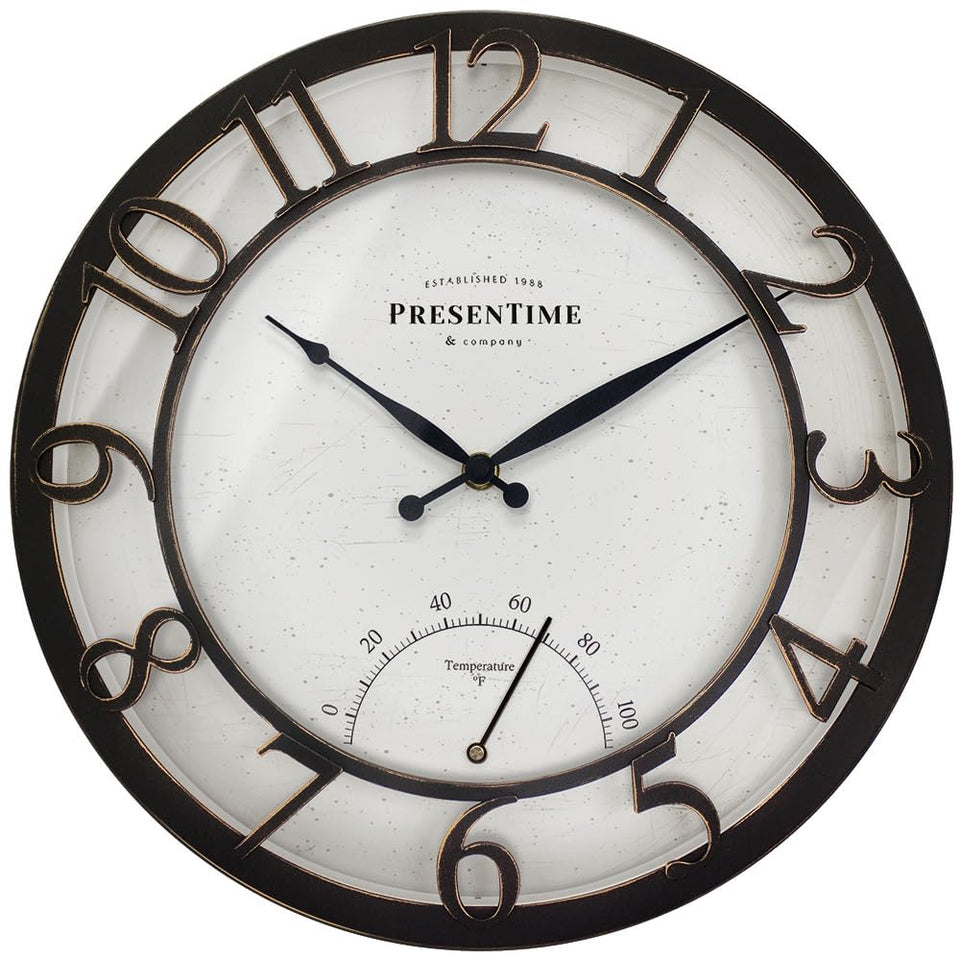 Presentime 13-inch farmhouse outdoor clock with thermometer for quick weather checks on the patio.