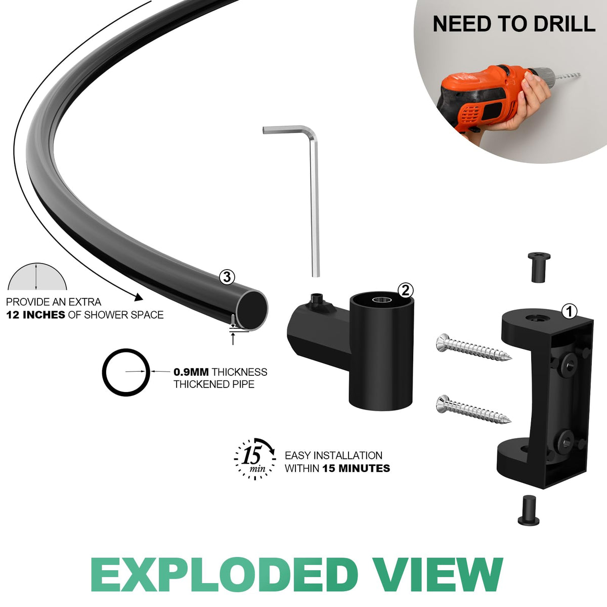 PrettyHome curved shower rod adjusts from 38 to 72 inches to fit bathrooms.