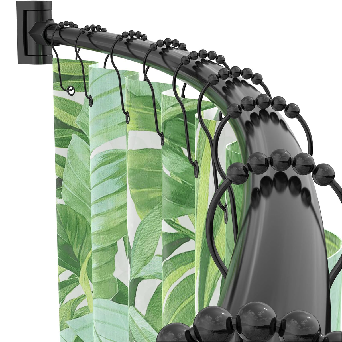 PrettyHome curved shower rod front view shows the matte black finish.