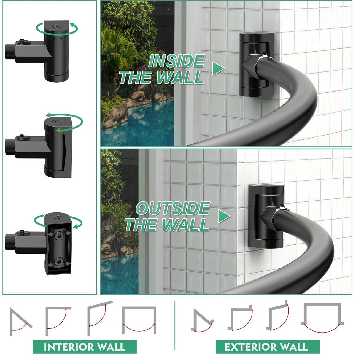 PrettyHome curved shower rod with rotate bracket for flexible mounting.