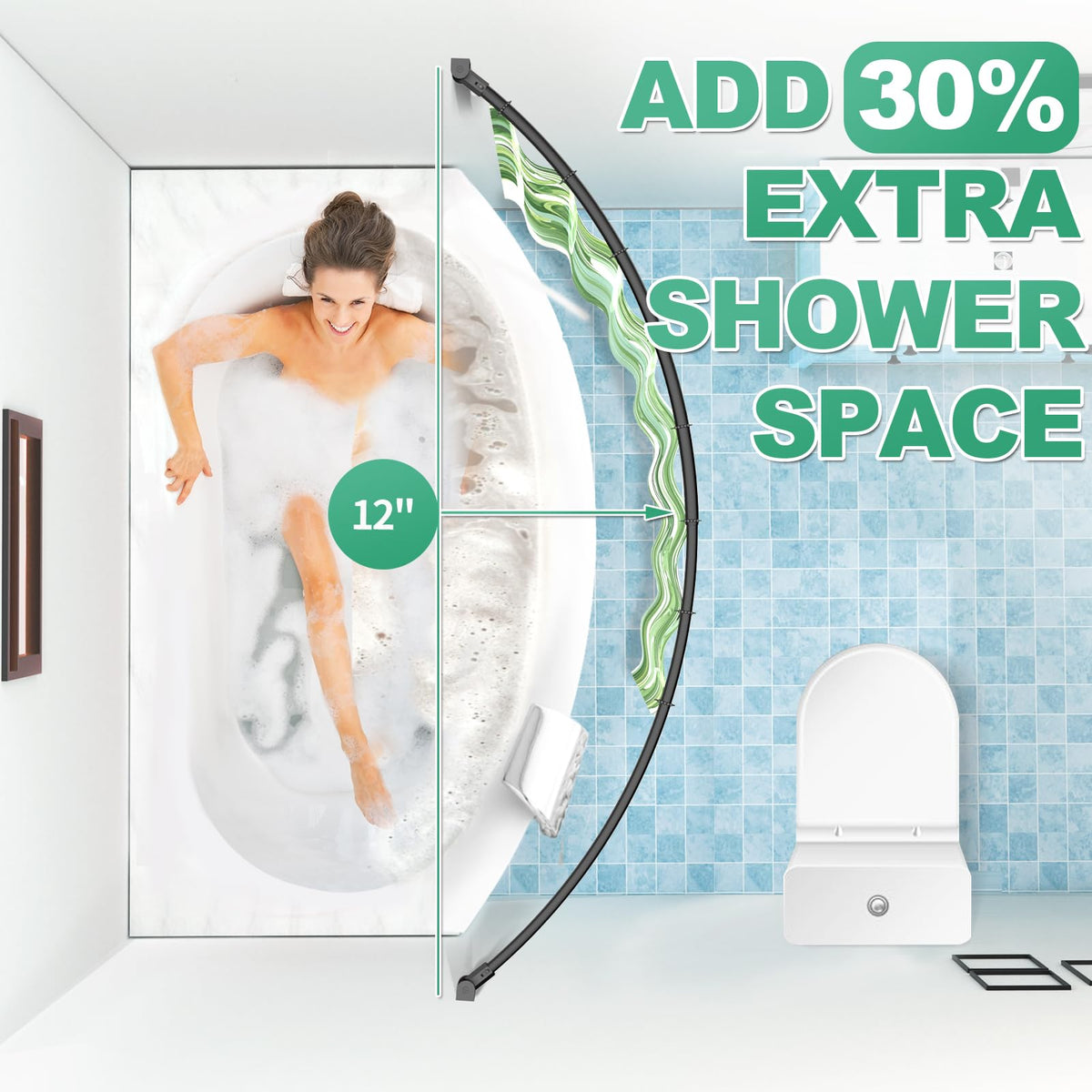 PrettyHome curved shower rod demonstrates extra tub space for easier movement.