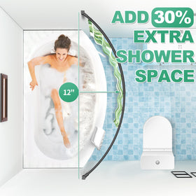 PrettyHome curved shower rod demonstrates extra tub space for easier movement.