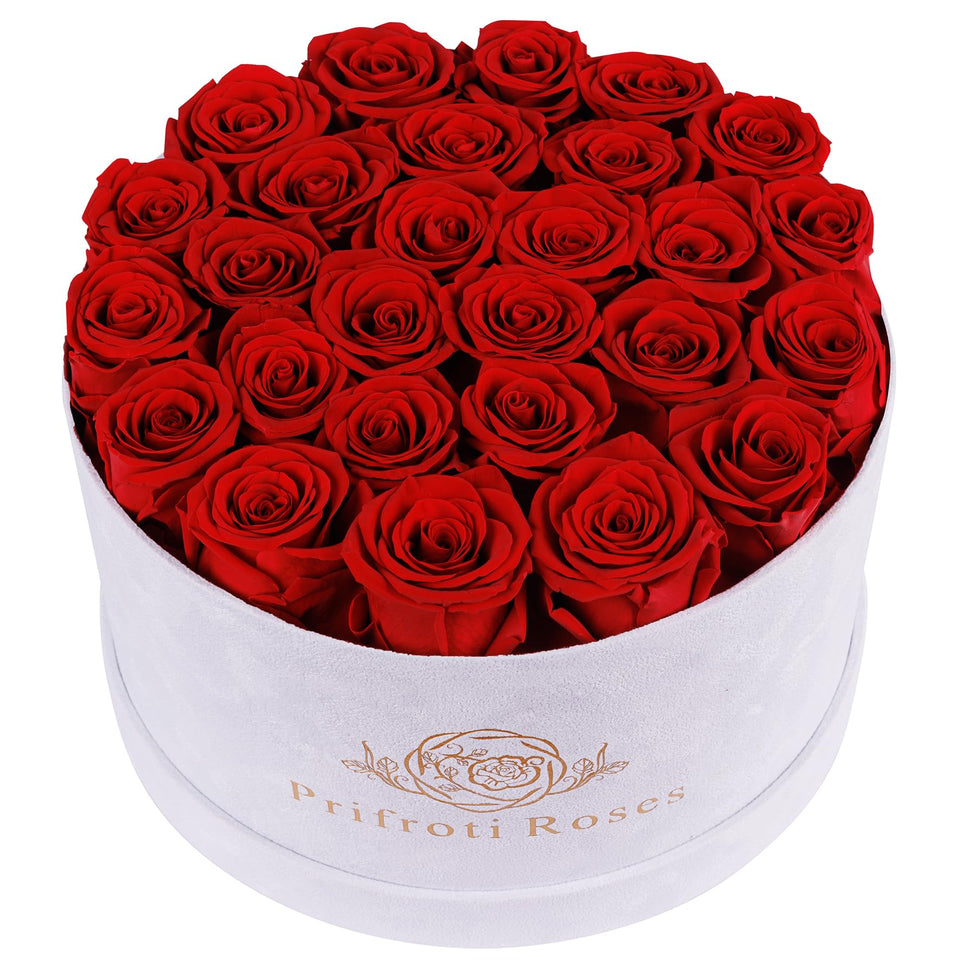Prifroti 27 Roses in a luxury suede box, a timeless keepsake for special occasions.