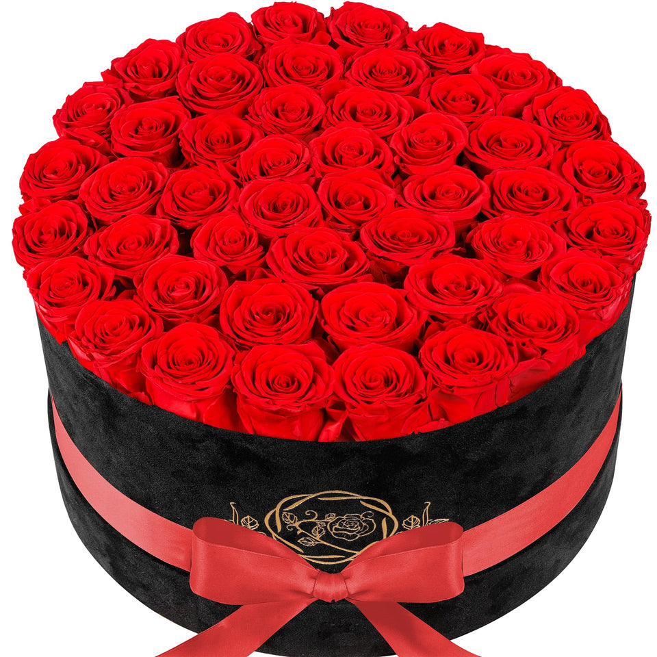 Prifroti 47-rose luxury suede box showcases a premium gift, ideal for anniversaries.