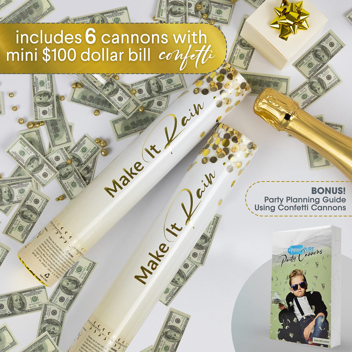 PrimePure Money Confetti Shooter bursts green bills for memorable photos.