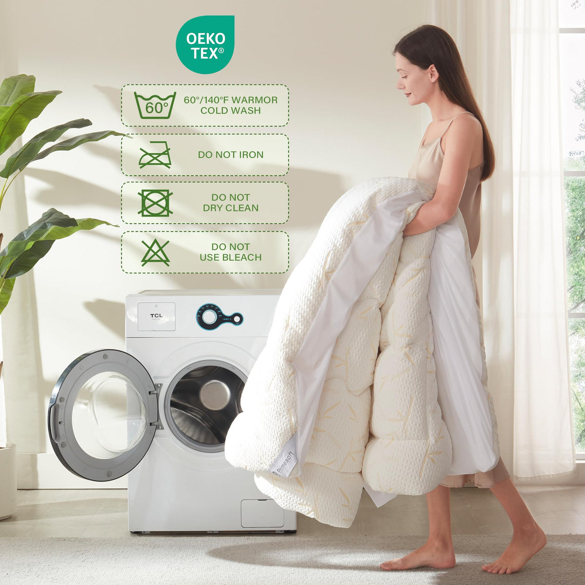 Primesoft beige protector cover blends with bedding aesthetics.