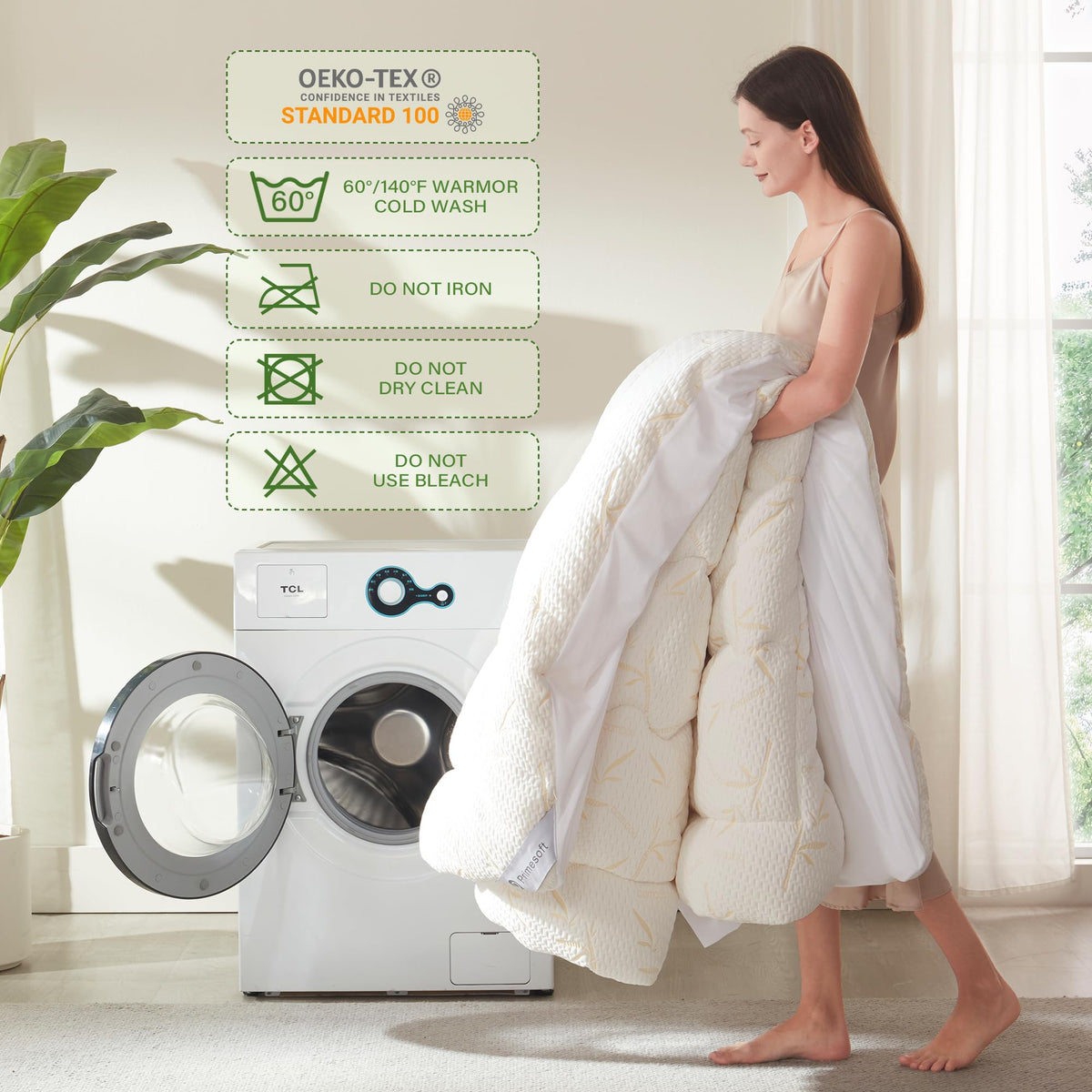 Primesoft beige bed setup highlights thick pillow-top surface.