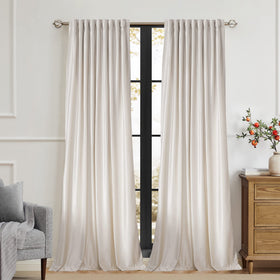 PRIMROSE velvet curtains ivory 84 inch, rod-pocket and back-tab hanging options.