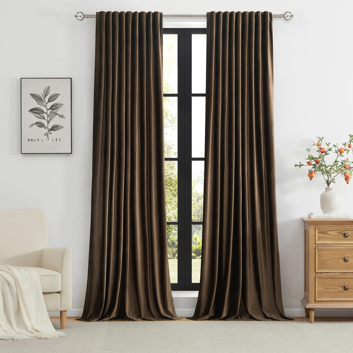 Primrose brown velvet curtains darkened room for cinematic viewing experiences