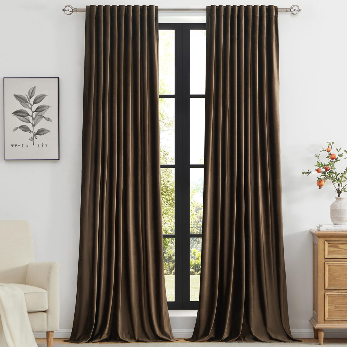 Primrose brown velvet curtains front view showcasing luxury and privacy benefits