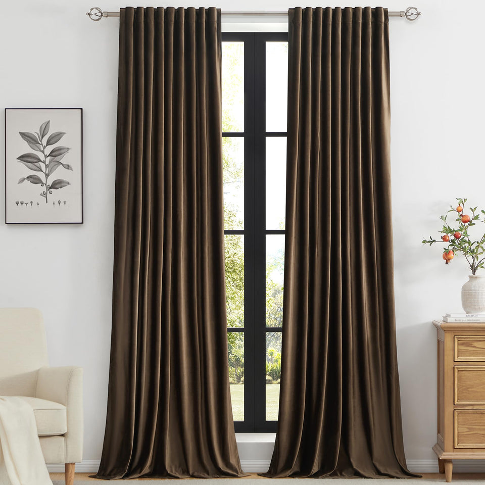 Primrose brown velvet curtains front view showcasing luxury and privacy benefits