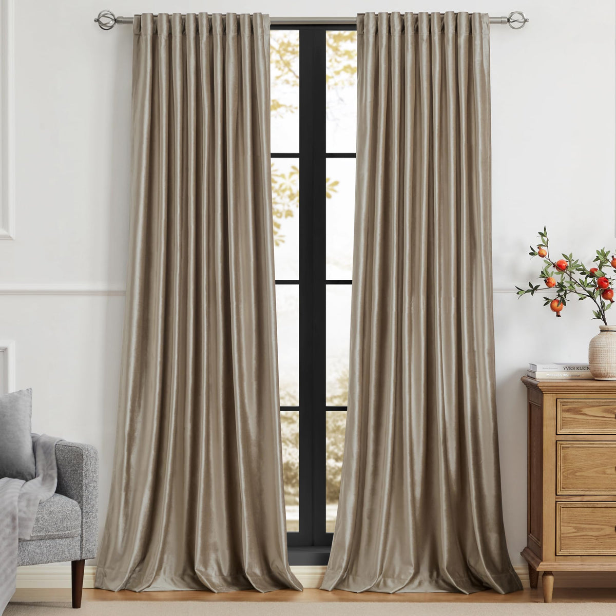 PRIMROSE Taupe velvet curtains two-panel setup for balanced drape and privacy.