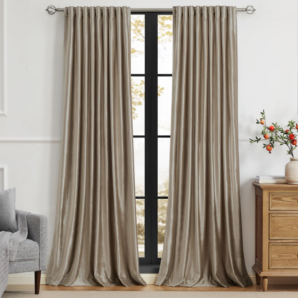 PRIMROSE Taupe velvet curtains two-panel setup for balanced drape and privacy.
