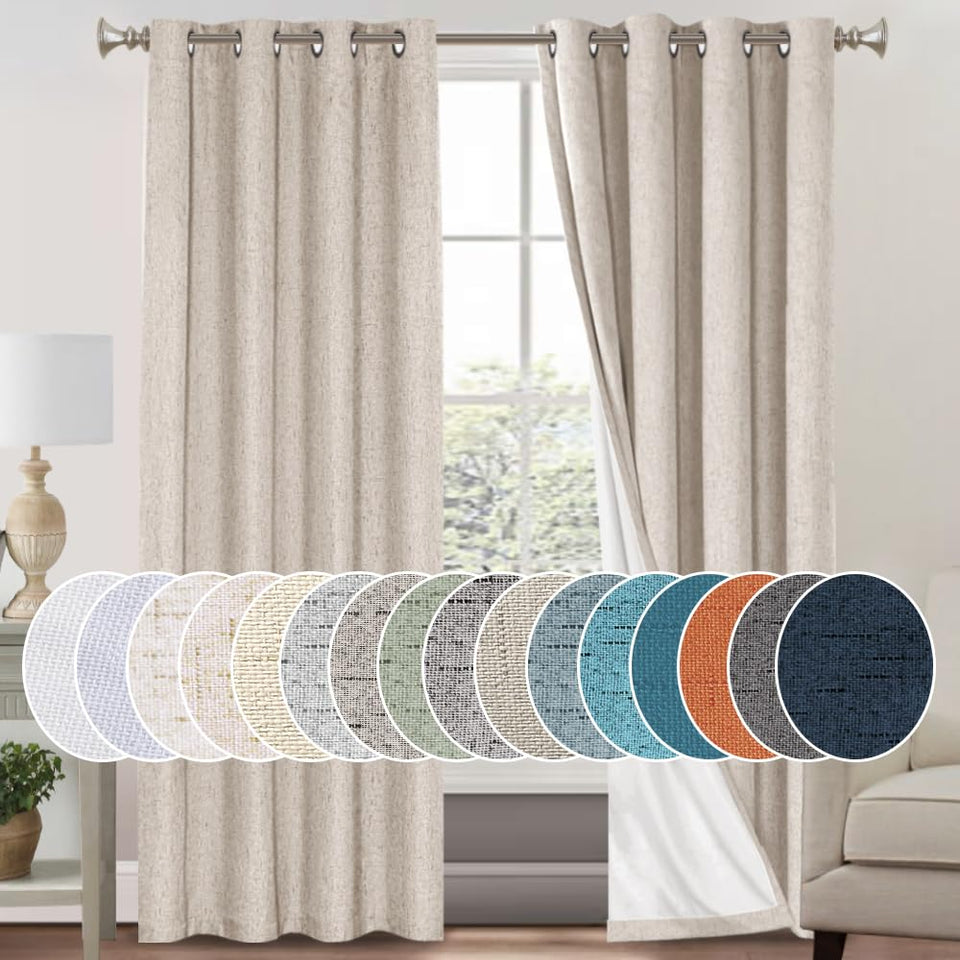 PrinceDeco natural linen curtains front view shows textured fabric and total blackout for bedroom privacy