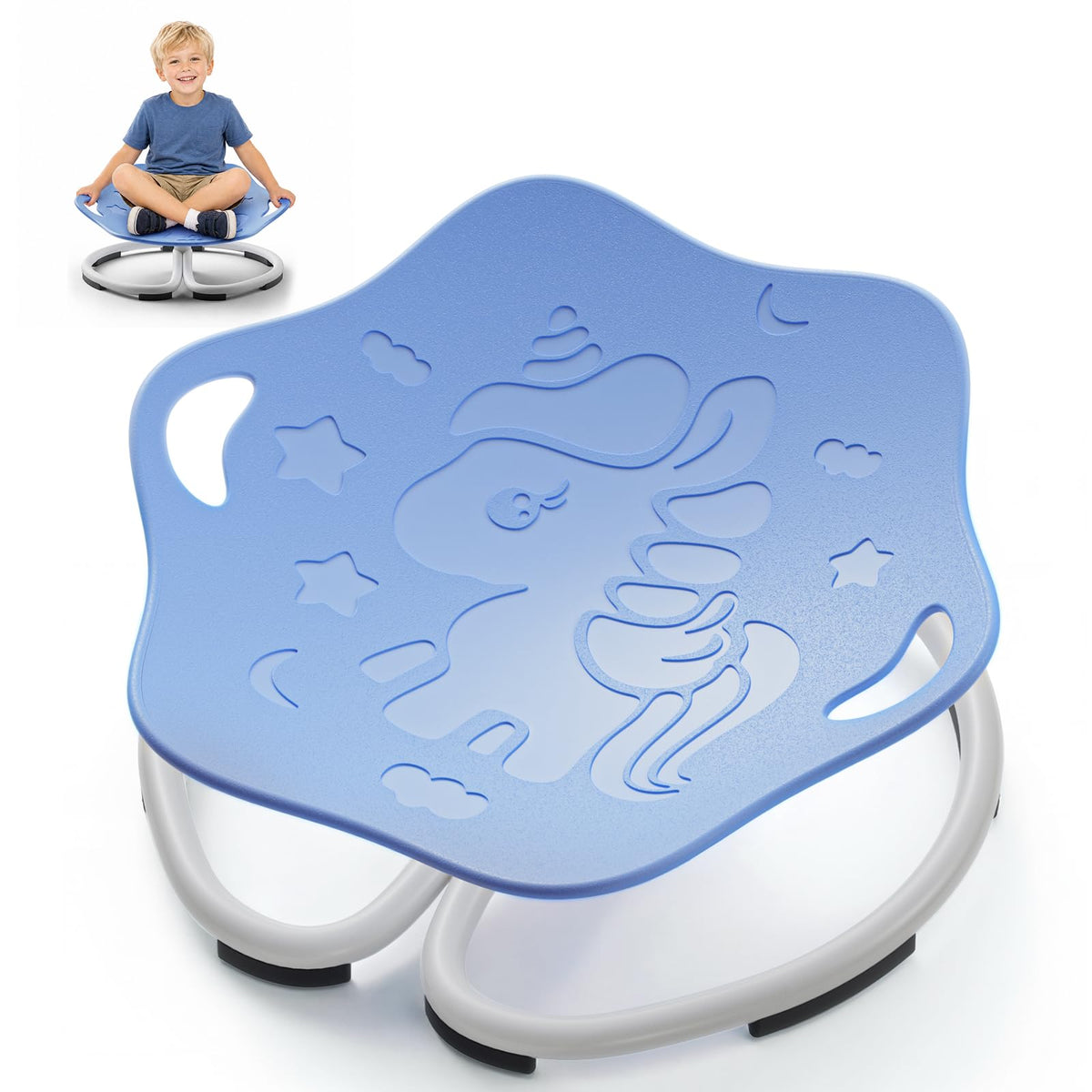 PRISJOY spinning chair with unicorn design in blue promotes imaginative play and sensory engagement