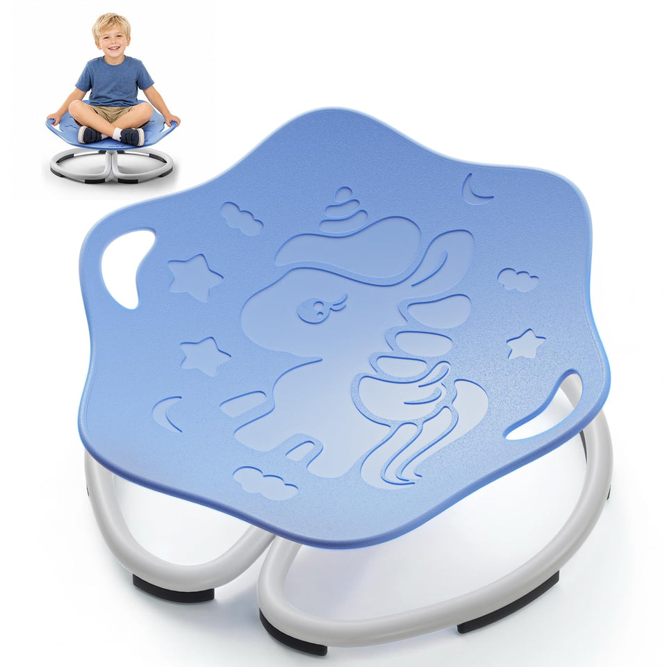 PRISJOY spinning chair with unicorn design in blue promotes imaginative play and sensory engagement