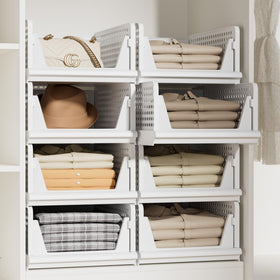 Proarea 5-pack stackable storage bins on a shelf keep clothes neatly organized.
