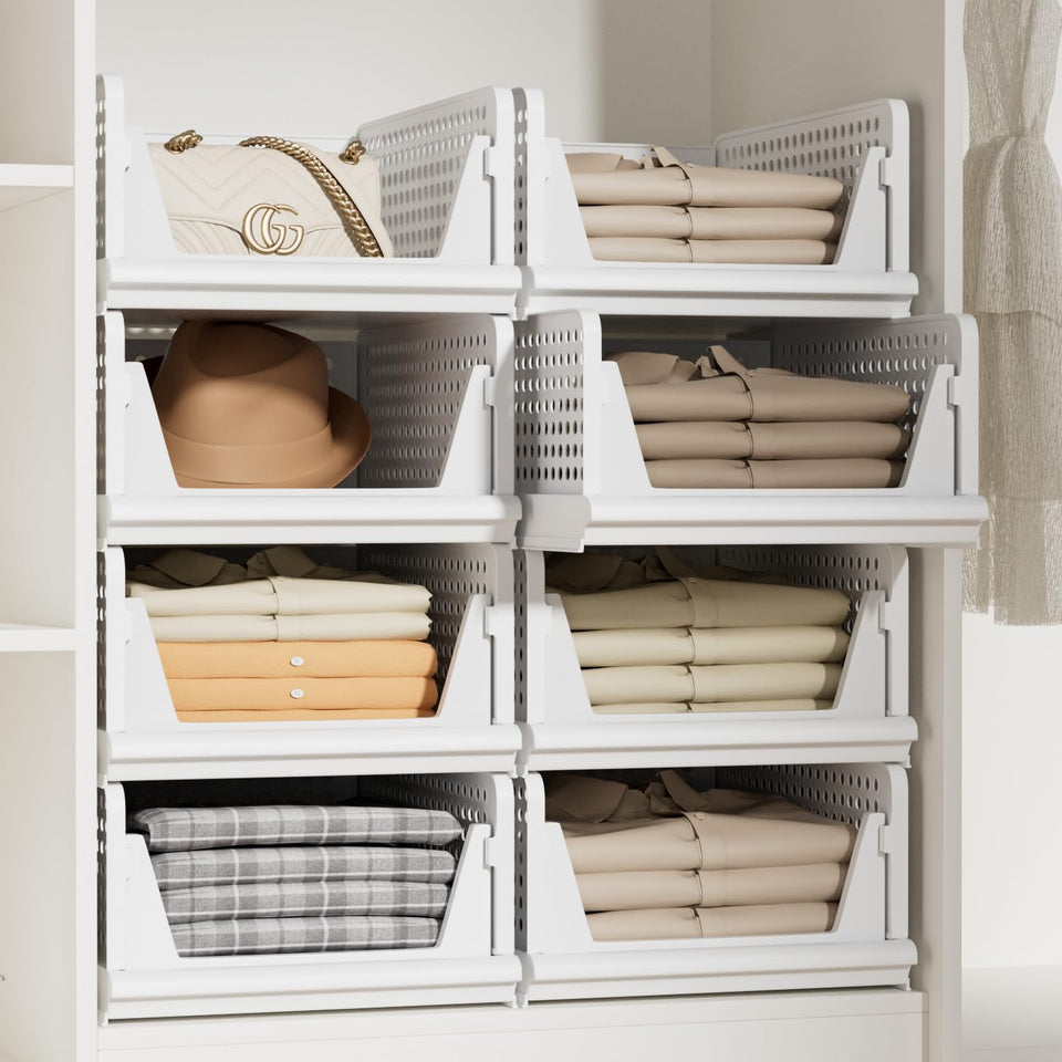 Proarea 5-pack stackable storage bins on a shelf keep clothes neatly organized.