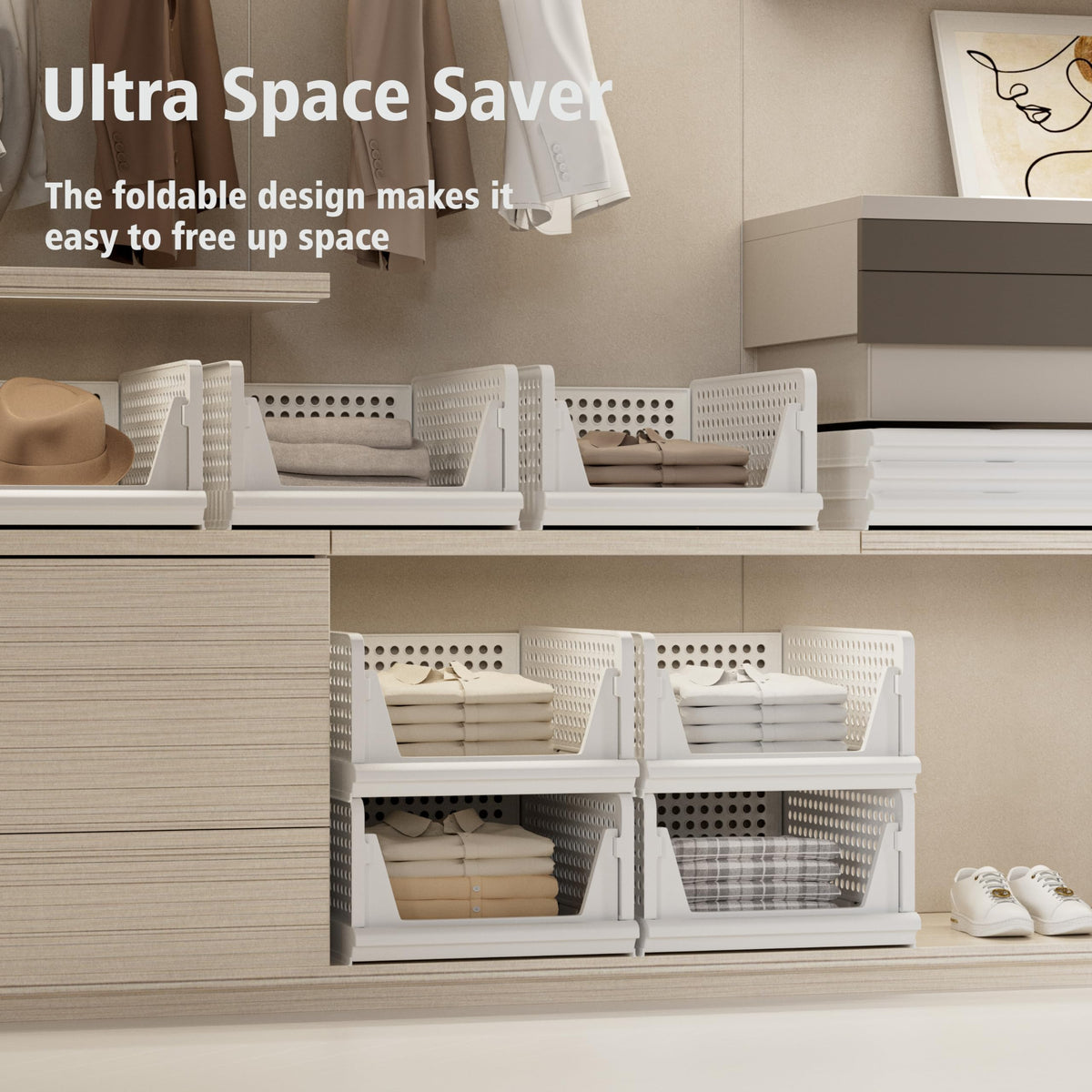 Proarea foldable closet bins with ventilated sides improve airflow for garments.