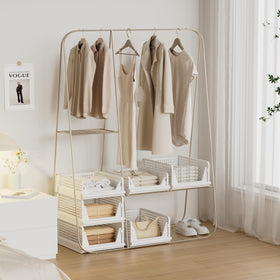 Proarea stackable closet bins save vertical space on shelves.