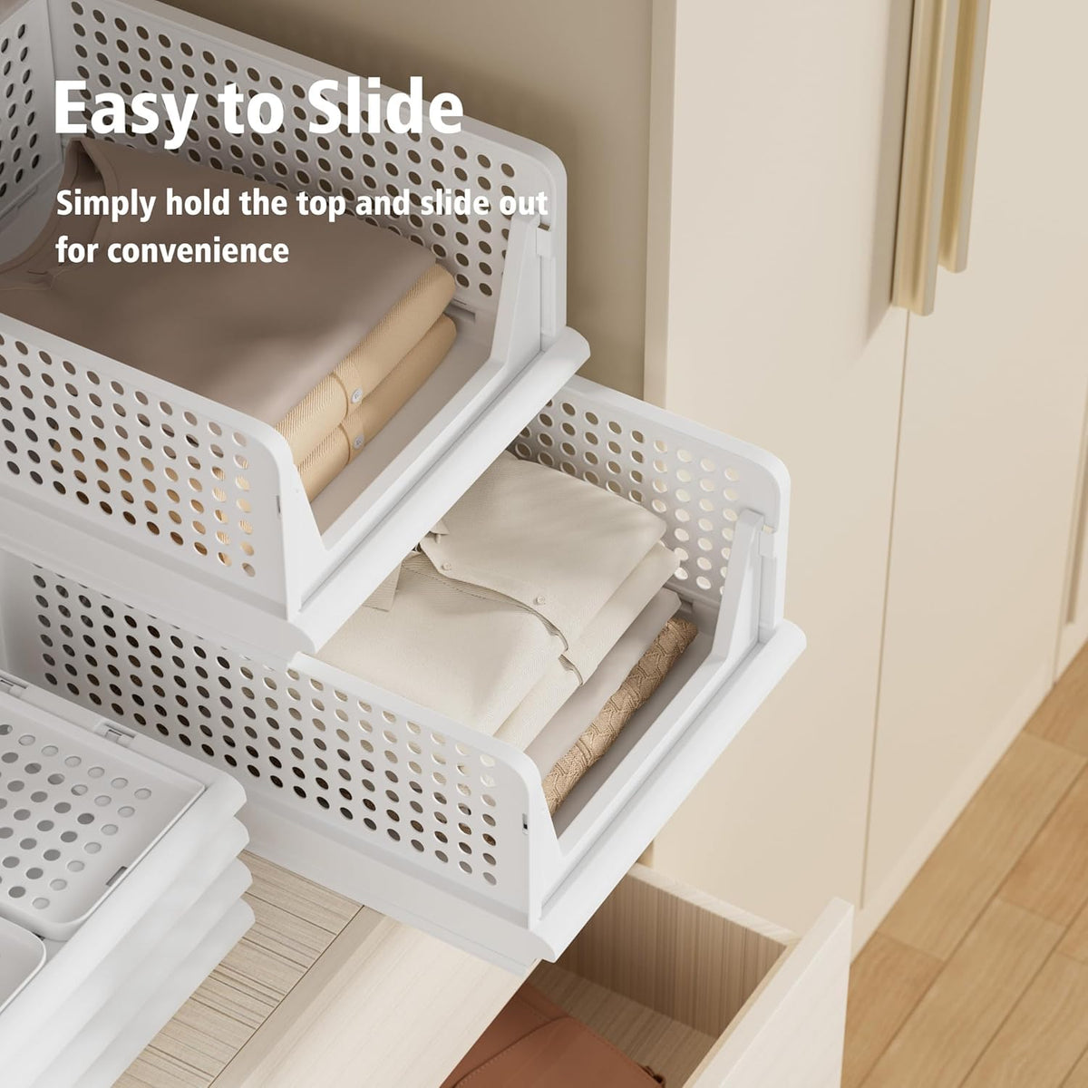 Proarea white plastic drawer bins simplify linen closet organization and cleaning.