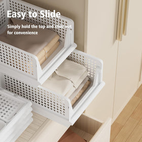 Proarea white plastic drawer bins simplify linen closet organization and cleaning.