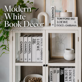 PROBENEX White Large four-piece faux book boxes with glass decor nearby