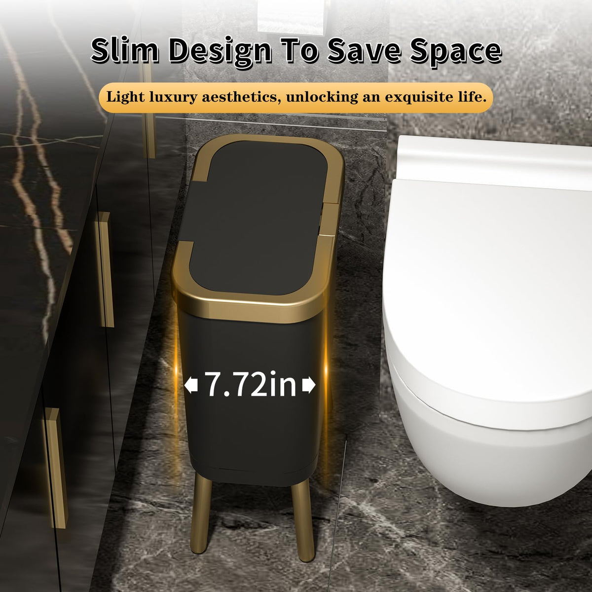 Procade black trash bin with gold rim complements rooms and conceals waste.