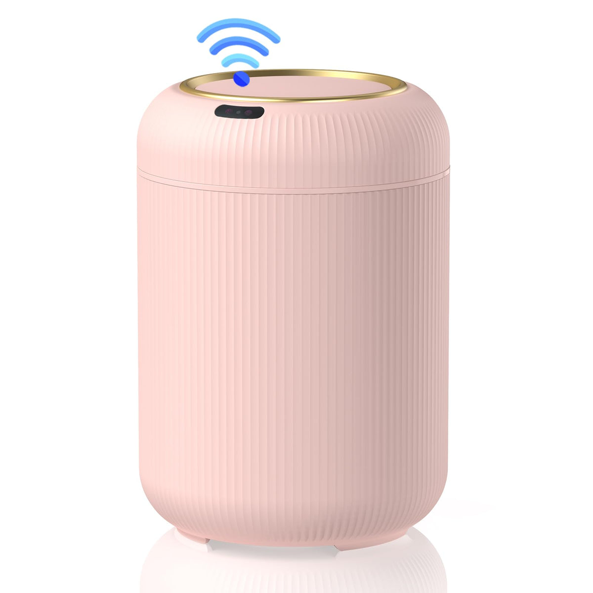 Procade pink lid motion-sensor trash bin enables hands-free use in bathrooms.