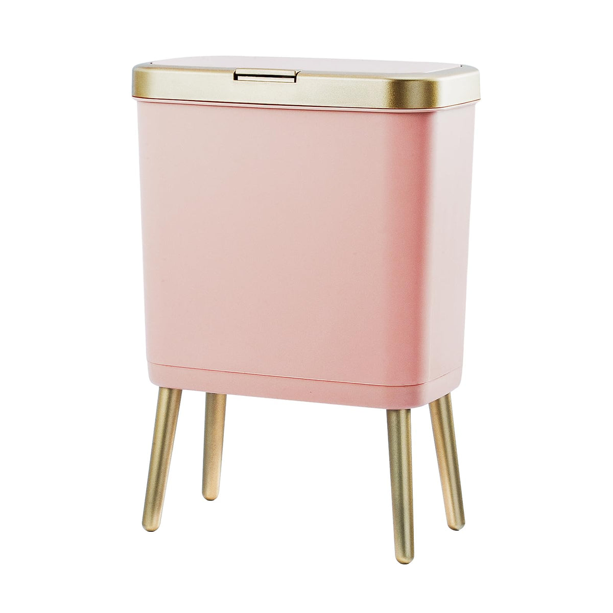 Procade pink trash can with lid and gold edge for stylish bathroom décor.