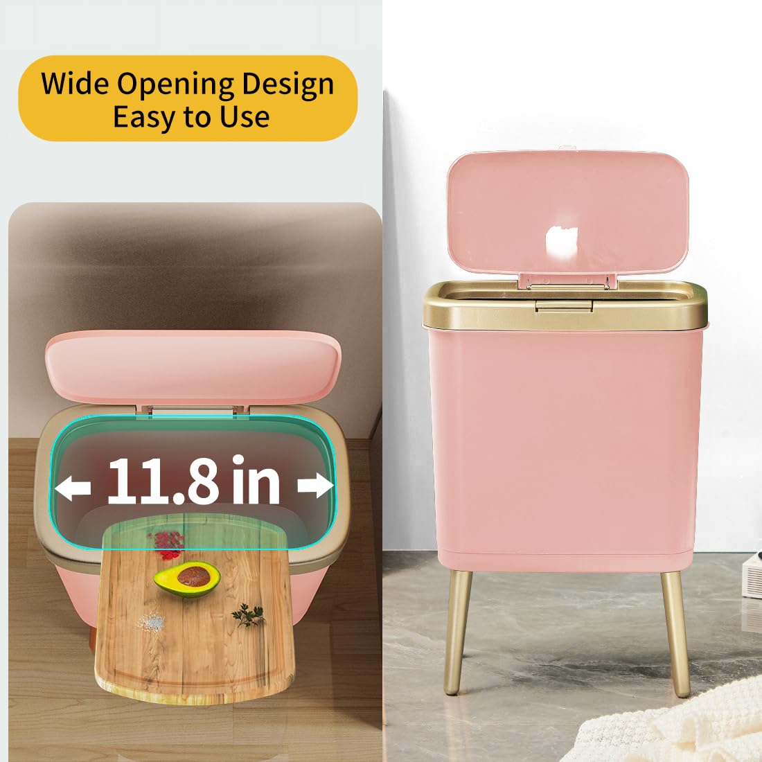 Procade slim tall trash bin with gold edge blends with modern decor.