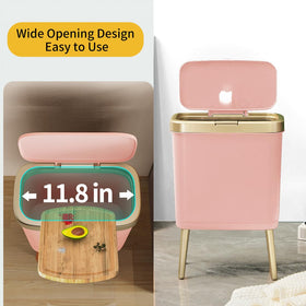 Procade slim tall trash bin with gold edge blends with modern decor.