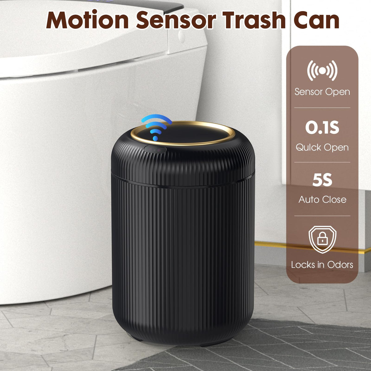 Procade trash can with black and gold lid design adds contemporary style.