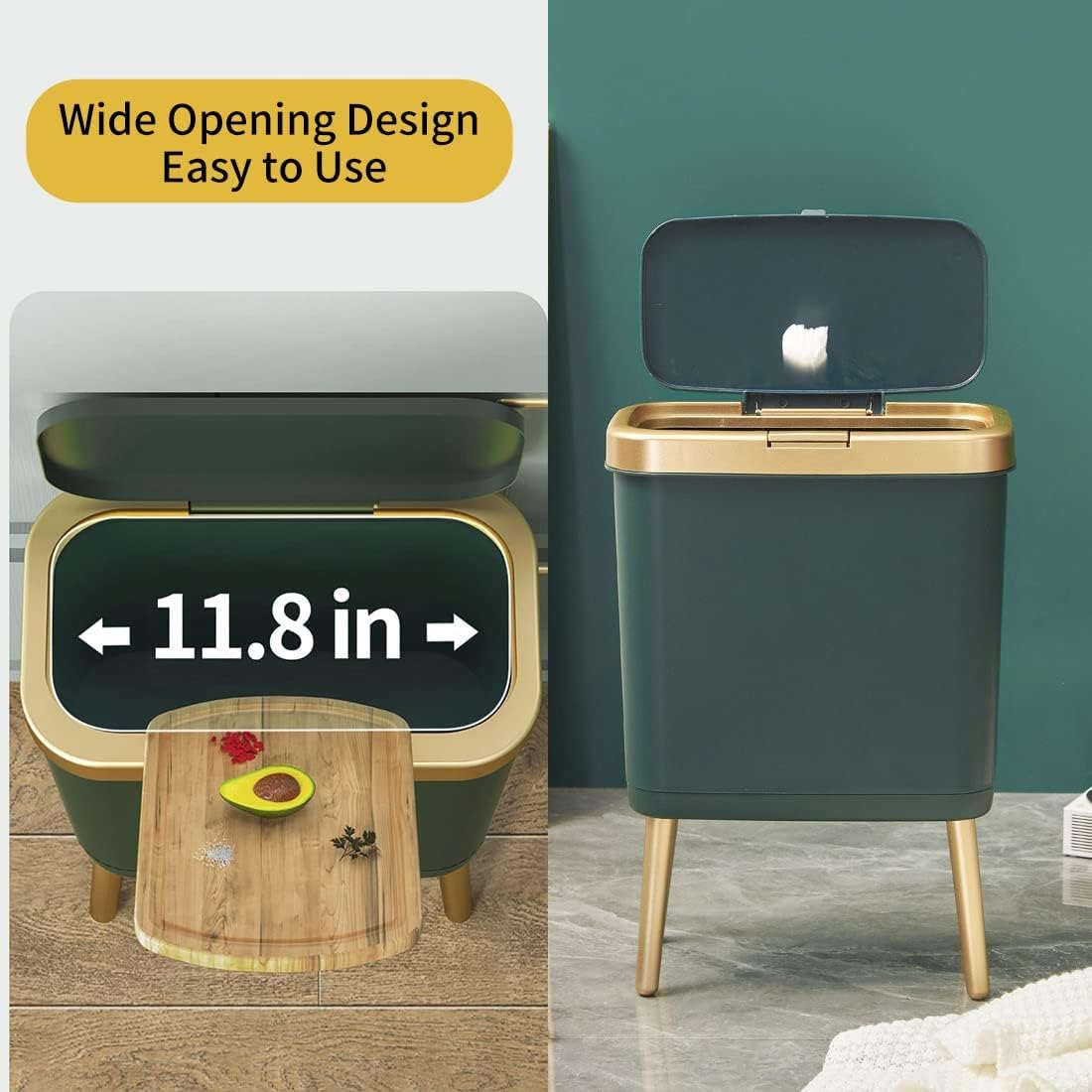 Procade trash can blends with bathroom or kitchen decor