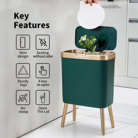 Procade slim trash can fits tight spaces between toilet and cabinet