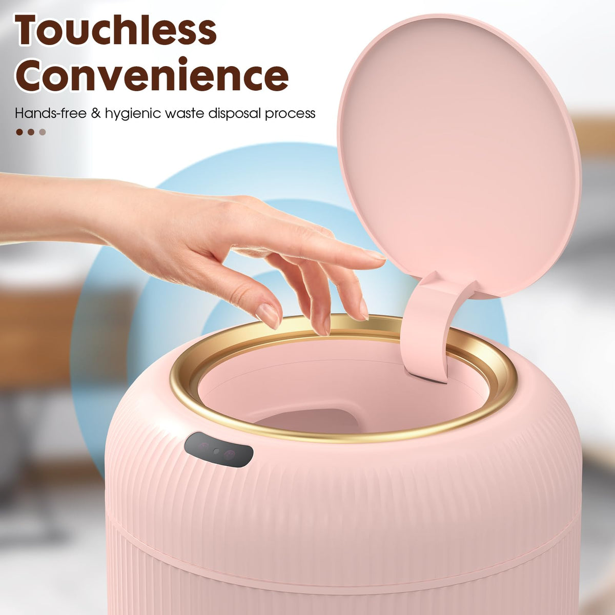 Procade wave-stripe-design trash bin combines style with odor containment.