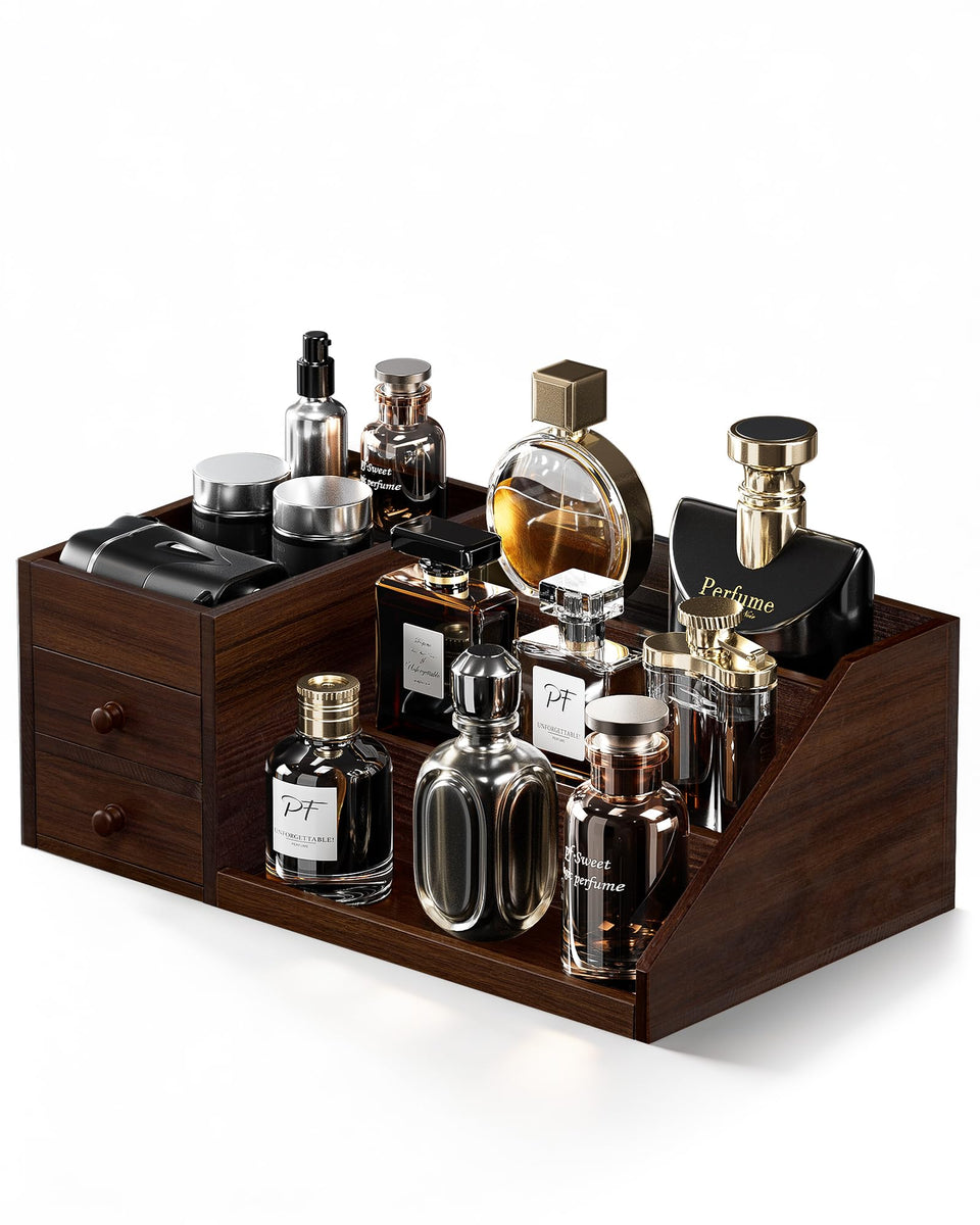 ProCase wooden cologne organizer 3-tier drawer display keeps fragrances within reach.