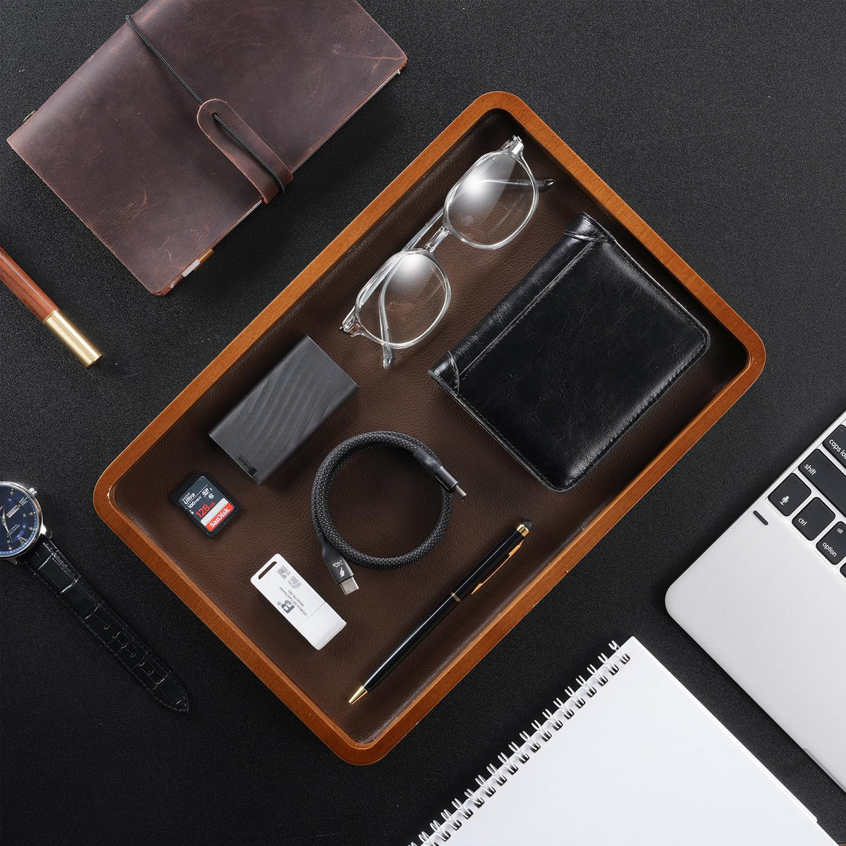 ProCase wooden valet tray side profile highlighting slim, compact footprint.