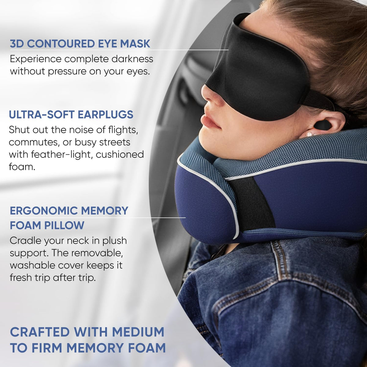 Proglobe 3D contoured eye mask blocks light for rest.