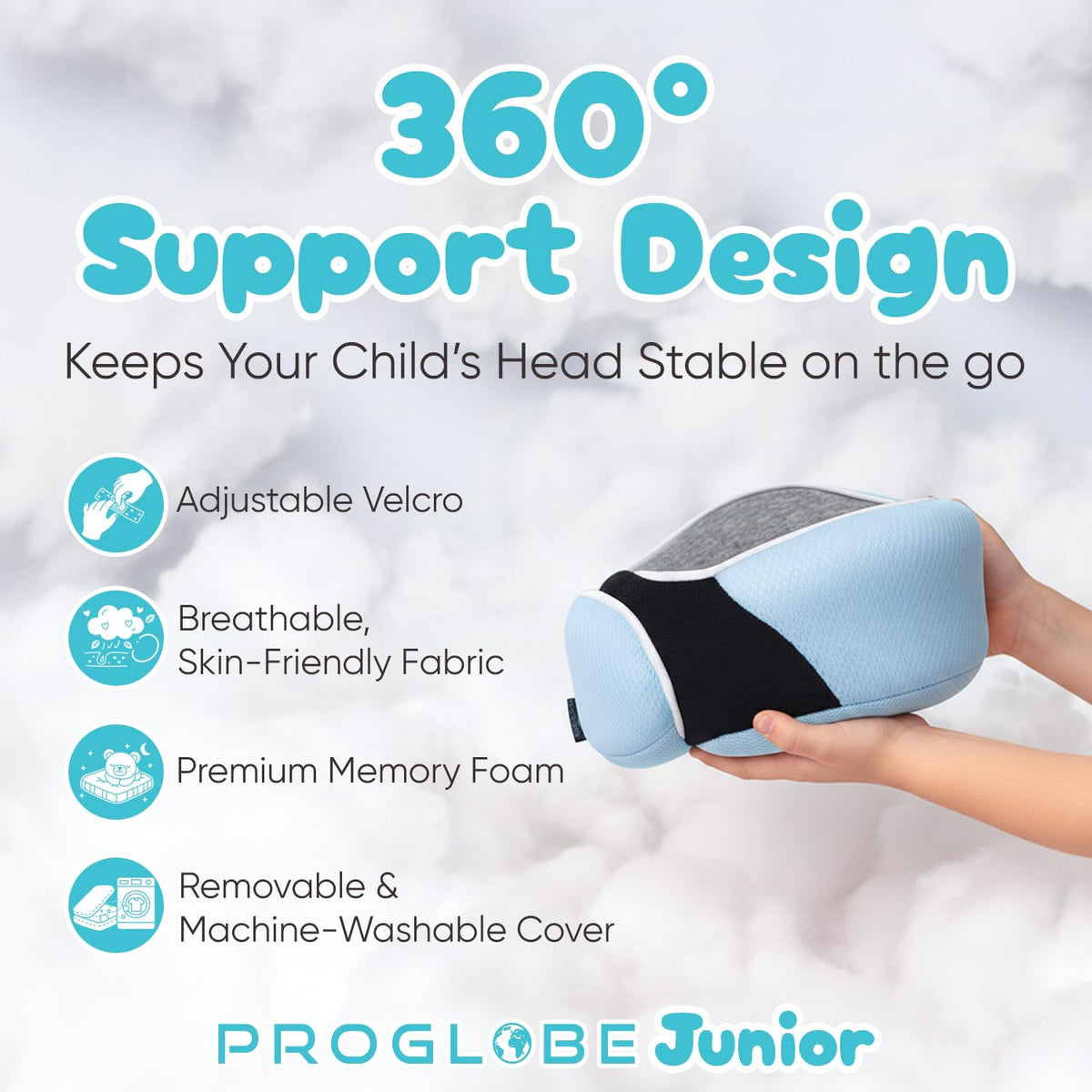 Proglobe Junior travel neck pillow back view demonstrating compact design for travel