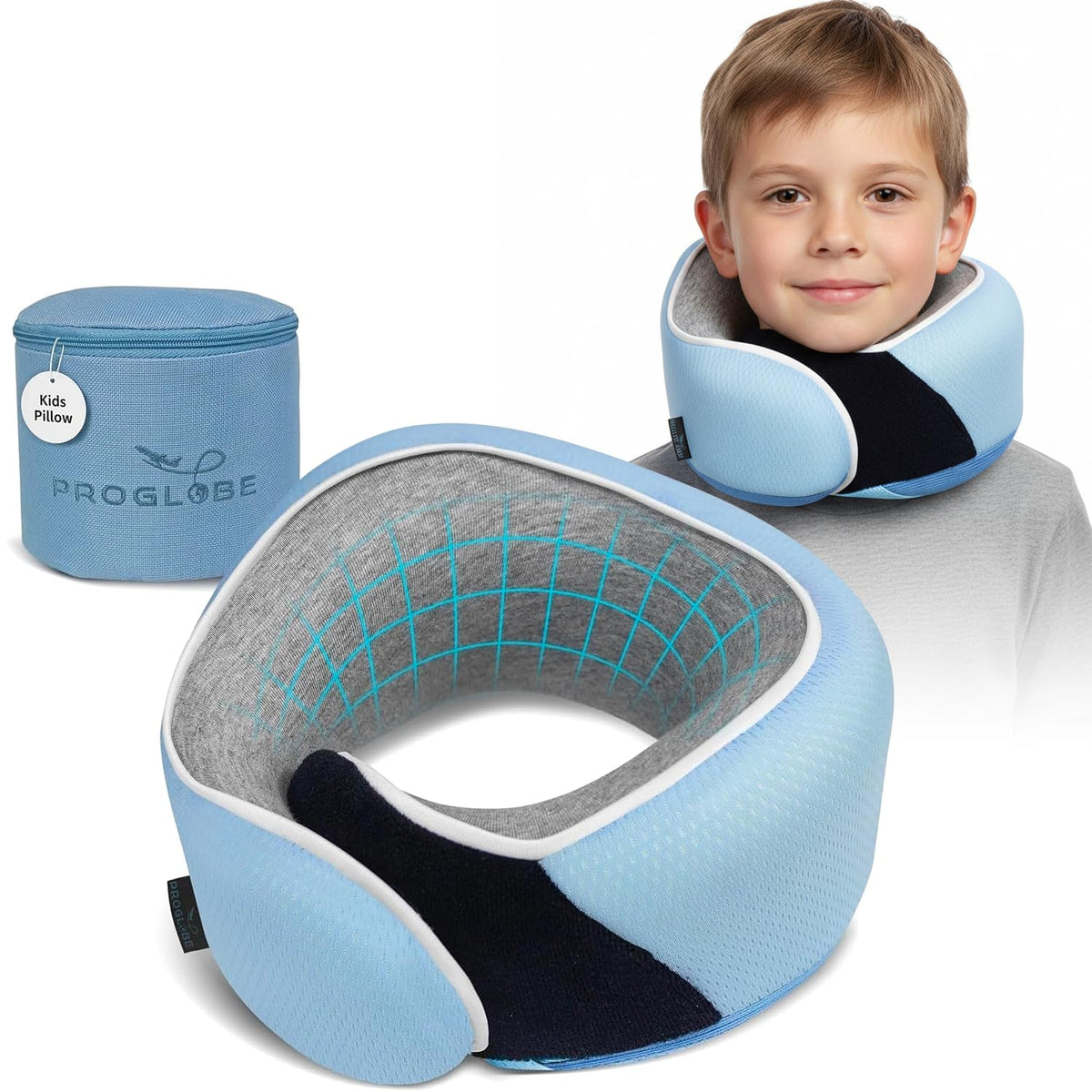 Proglobe Junior travel neck pillow front view showing ergonomic support for long trips